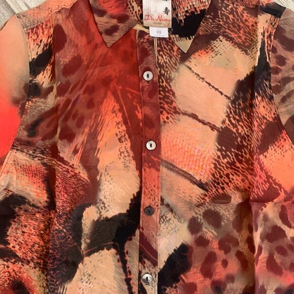 𝅺Da-Nang NWT Silk Red Orange Long Sleeve Animal Print Blouse Sz XS OOAK - Picture 2 of 6